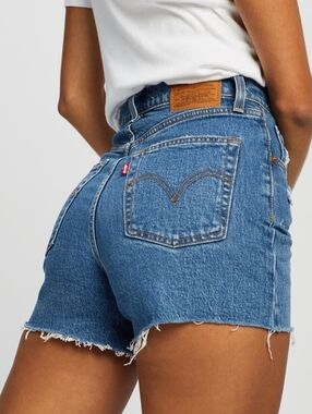 Levi's Ribcage Blue Dark Wash High Rise Distressed Denim Cut Off Shorts